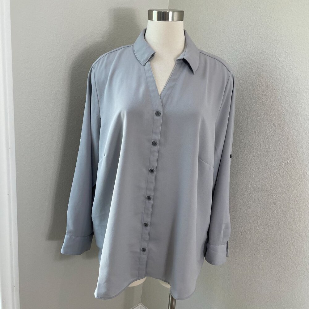Lands End Womens Plus 20W Button Up Blouse Light Gray Roll Tab Sleeve Shirt‎ Top